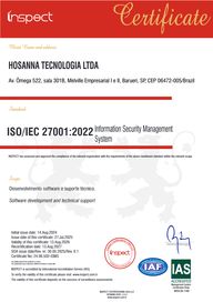 Certificado ISO/IEC 27001:2022 da Hosanna Tecnologia Ltda., emitido pela Inspect Certifications