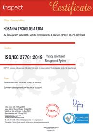 Certificado ISO/IEC 27701:2019 da Hosanna Tecnologia Ltda., emitido pela Inspect Certifications