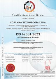 Certificado ISO/IEC 42001:2023 da Hosanna Tecnologia Ltda., emitido pela TNV Certification