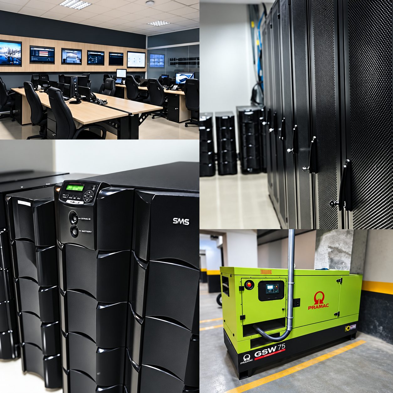 Data center da Hosanna: sala de monitoramento com telas na parede, racks de servidores, nobreak e gerador a diesel